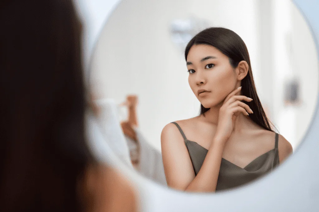 Girl looking into mirror for side effects